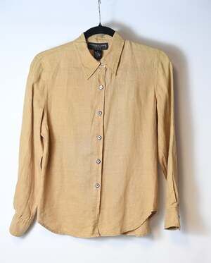 August Silk Petites Mustard Yellow Tan 100% Linen Button Down Shirt Size S- READ